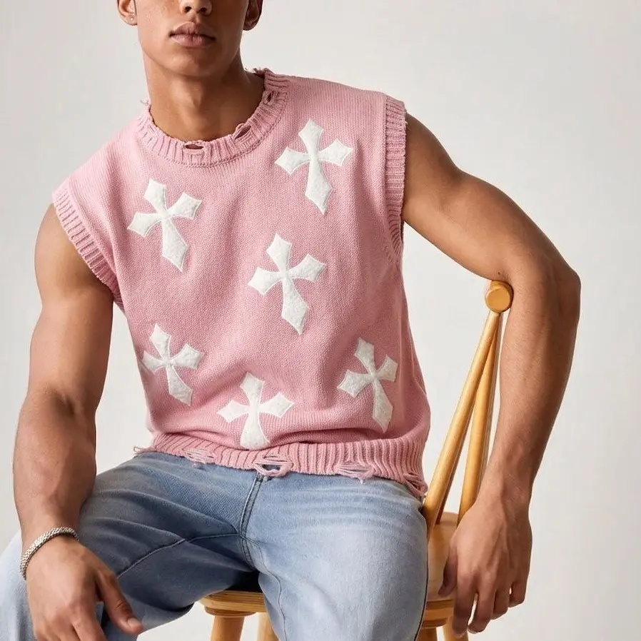 HYPESTFIT Men's Stylish Classic Crew Neck Terry Crosses Streetwear Vest - Sleeveless Knitted, Ripped Frayed Edge Distressed Hem, Baggy Casual Mens Clothing Top, Clothes, Embroidery,back to school,back to school shopping