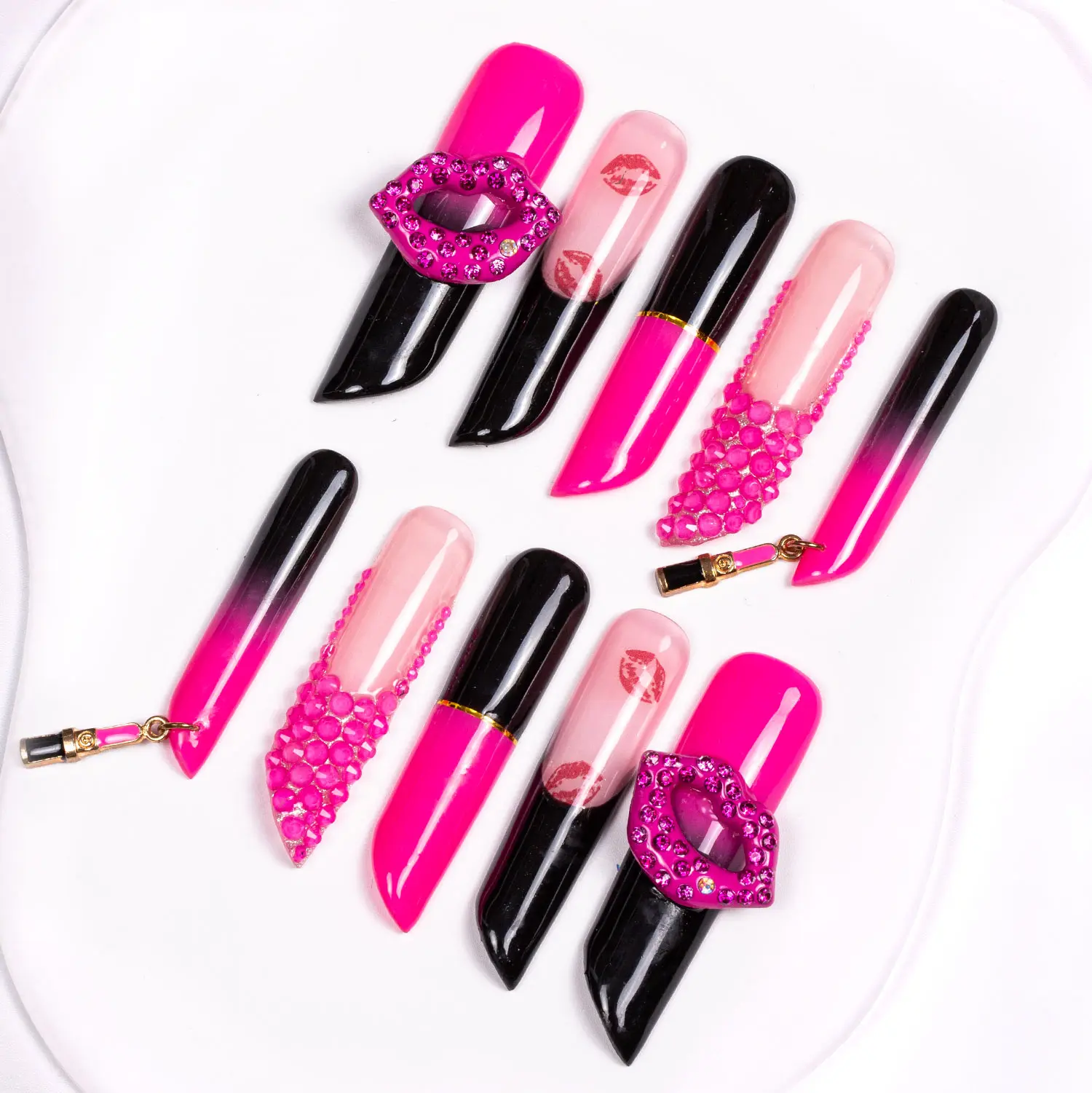 Lovful Lipstick Long Length 2.2'' Iridescent Handmade Acrylic Press-On Nails|10PCS Reusable,Salon Quality,H199-H204 Rhinestone Glue Included #DealsForYouDays