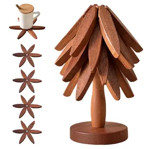 Wooden Trivets for Hot Dishes, Hot Dish Coaster with Tree-Shaped Wood Collapsible Hot Pad Trivet Tree for Restaurant, 4 Wooden Trivet + 1 Stand