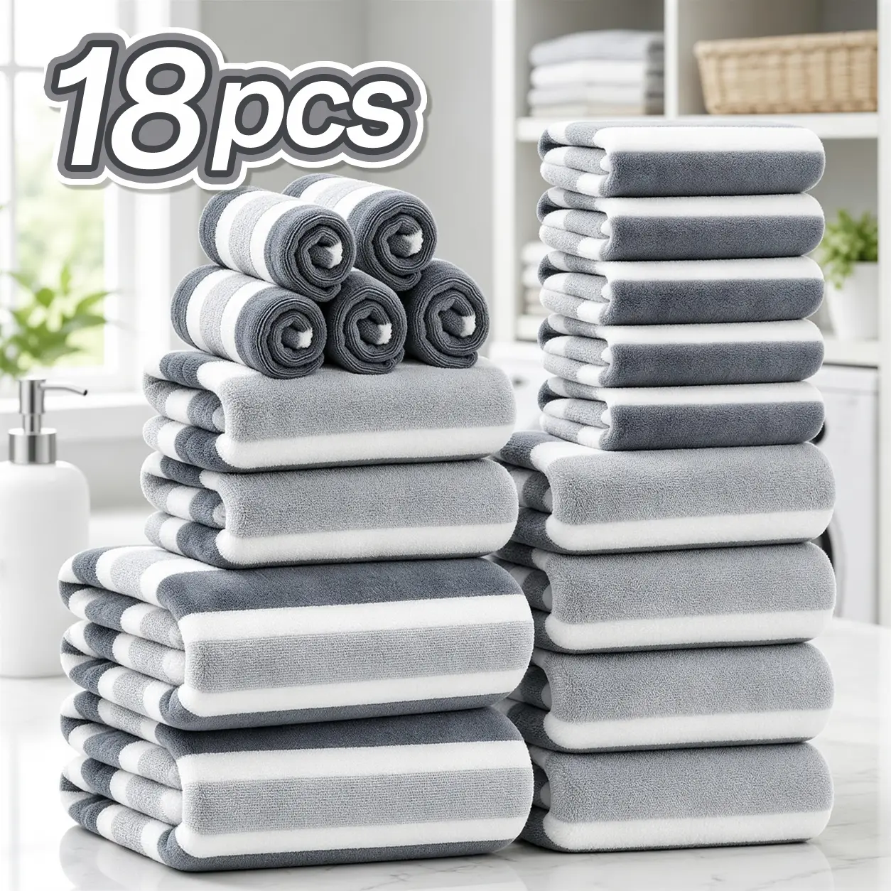 18pcs Bath Towel Set, Ultra Soft Feel with Highly Absorbent & Quick Dry Performance, Fade Resistant Bathroom Essentials for Home, Spa, Hotel & Gym, Includes 2 Bath Towels, 6 Hand Towels & 10 Washcloths