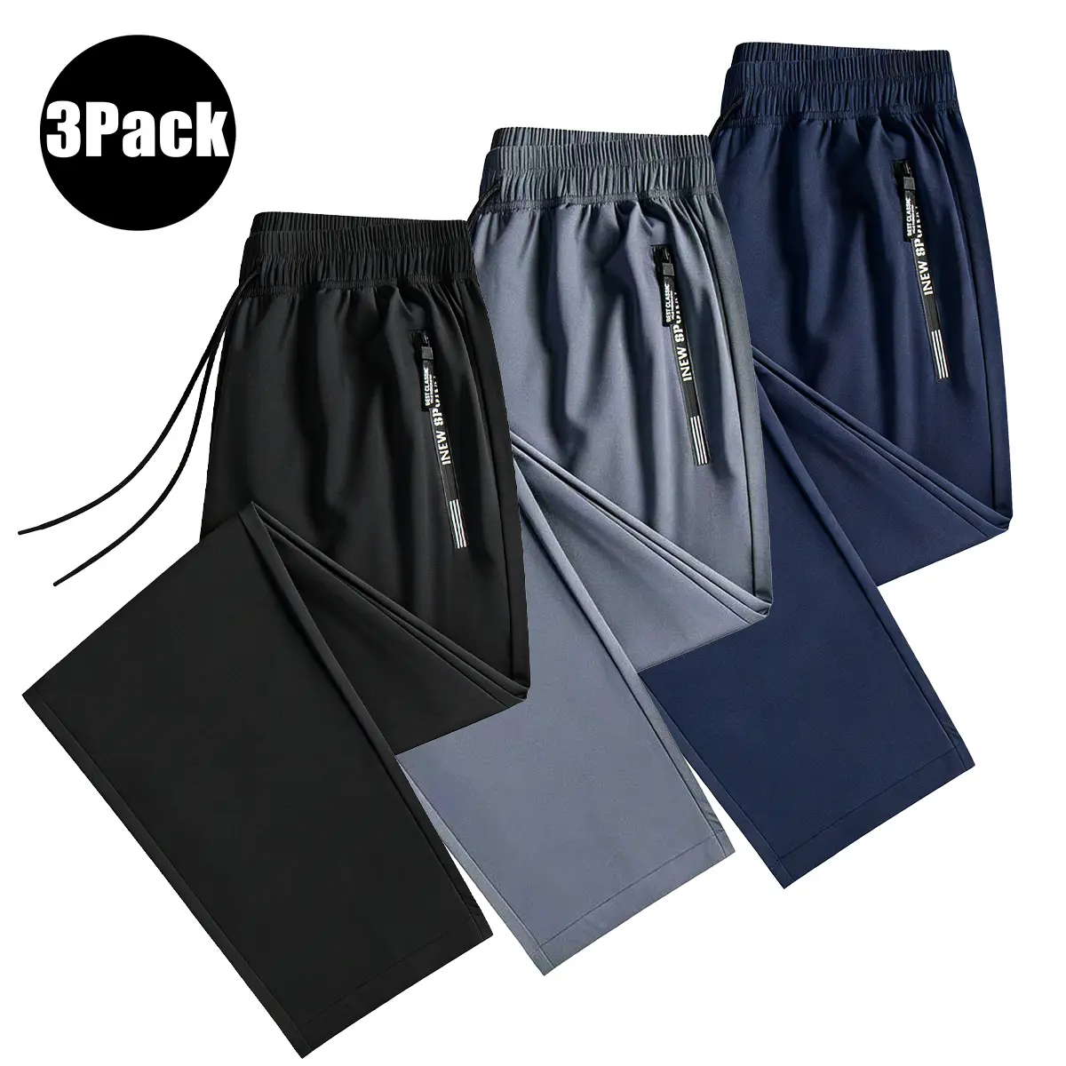 Men's 3-Pack Straight-Leg Sweatpants, Slim-Fit Training Joggers with Zipper Pockets, High-Stretch Polyester Fabric for Lounge & Workout, 95% Polyester, 5% Spandex, Slim-Fit Silhouette, Fitted