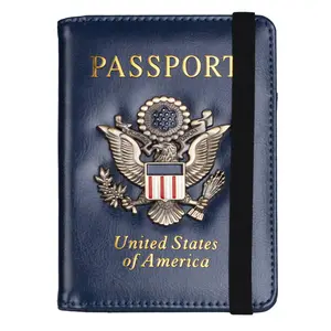 RFID Blocking Passport Holder for Women Men, Leather Passport Travel Wallet with Metal 3D Metal Badge, Travel Document Holder Cover Accessories (Dark Blue)