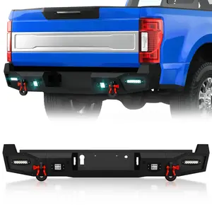 【EYOUHZ】Rear Step Bumper Compatible with 2017-2025 4th Gen Ford F250 F350 F450 Super Duty Pickup Truck Bumper with 4 x 18W LED Lights & D-rings, Paintable Armor, Sensor Holes, Black