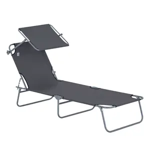 Outsunny Outdoor Lounge Chair, Adjustable Folding Chaise Lounge, Tanning Chair with Sun Shade for Beach, Camping, Hiking, Backyard