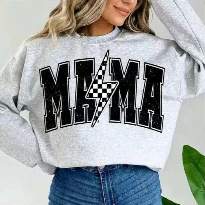 Mama Lightning Bolt sweatshirt, a retro-style mama crewneck perfect for mom life, offering a cute cozy look and making a thoughtful, stylish gift for her.