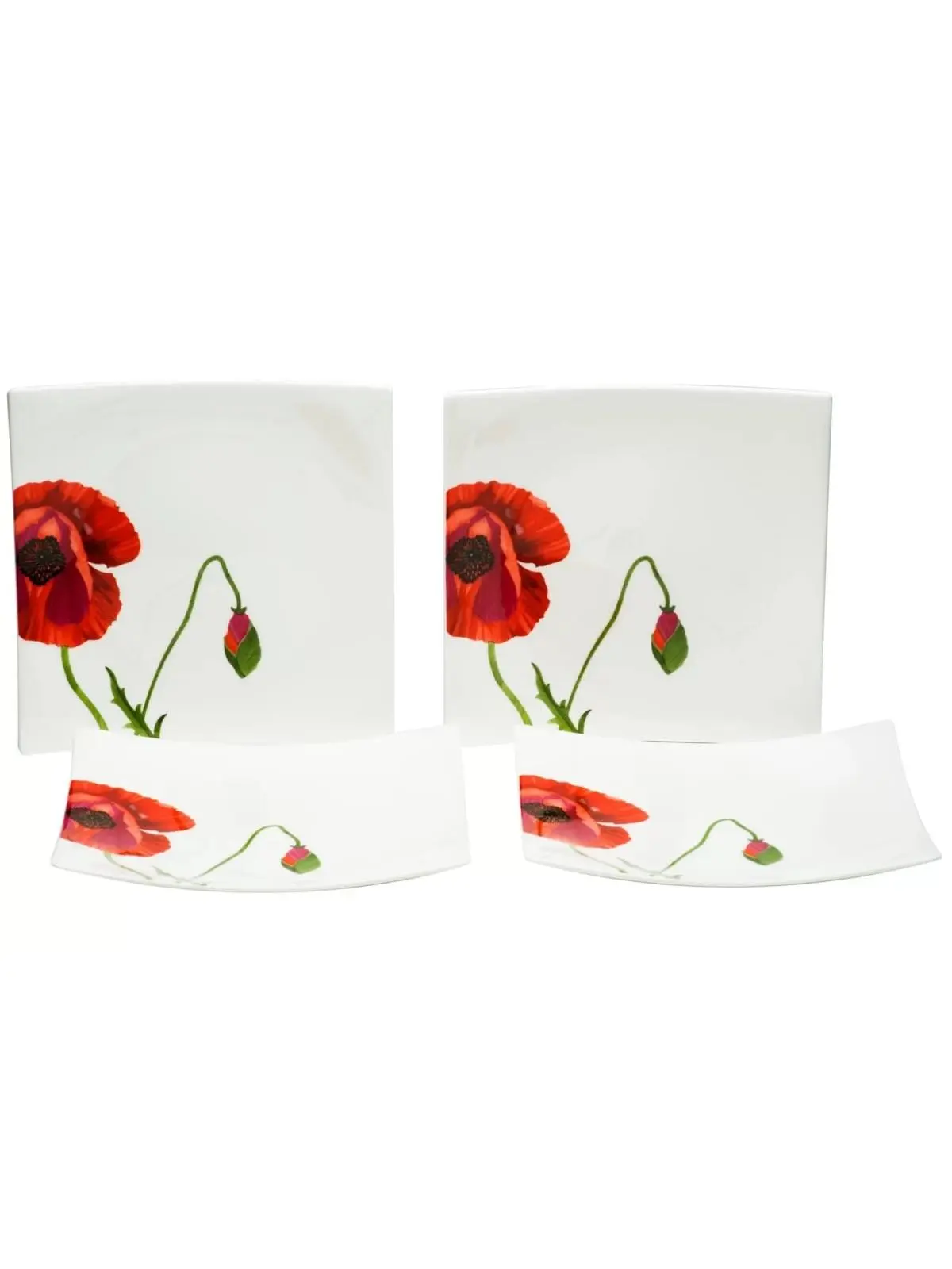 212 MAIN Stylish Chip-Resistant Red & White Square Floral Print Bone China Salad Plates - 6-Piece Family Salad Serving Plates Dinnerware Set (Item 483516)