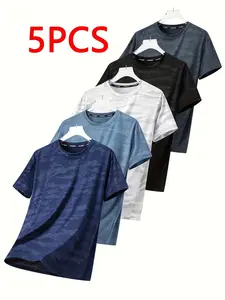 Pack of 5 men’s breathable running T-shirts, quick-drying moisture-wicking, camouflage pattern, casual athletic wear, available in multiple colors, suitable for outdoor gifting