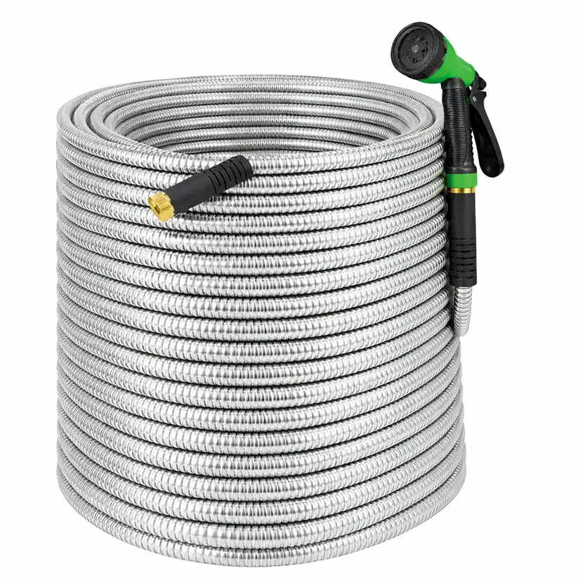 [FLASH SALE]  Garvee 150FT Heavy Duty Stainless Steel Garden Hose – Flexible, Kink-Free Metal Water Hose with 10-Function Leak-Proof Spray Nozzle, Sturdy Brass 3/4'' Connectors – 150FT – US Standard