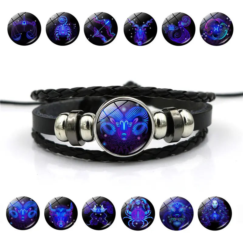September Zodiac Signs Spirit Bracelet - Adjustable 12 Constellation Black Leather Wrap Bracelet for Women Men with Positive Energy Glow-in-the-Dark Design Valentine’s Day Gift