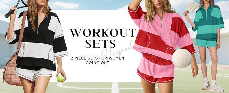WoodBerry Women's Two Piece Workout Set Striped Short Sleeve Oversized Shirts Wide Leg Shorts Sets Summer Lounge 2 Piece Tracksuit with Pockets Tennis Sport Outfits for Daily