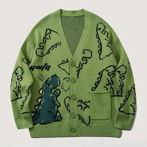 Men's Cartoon Dinosaur Print Pocket Button Front Cardigan, Loose Casual Drop Shoulder Long Sleeve, V-neck Knitted Sweater, Suitable for Spring and Autumn Knitwear Menswear Tops Operator Green Vneck