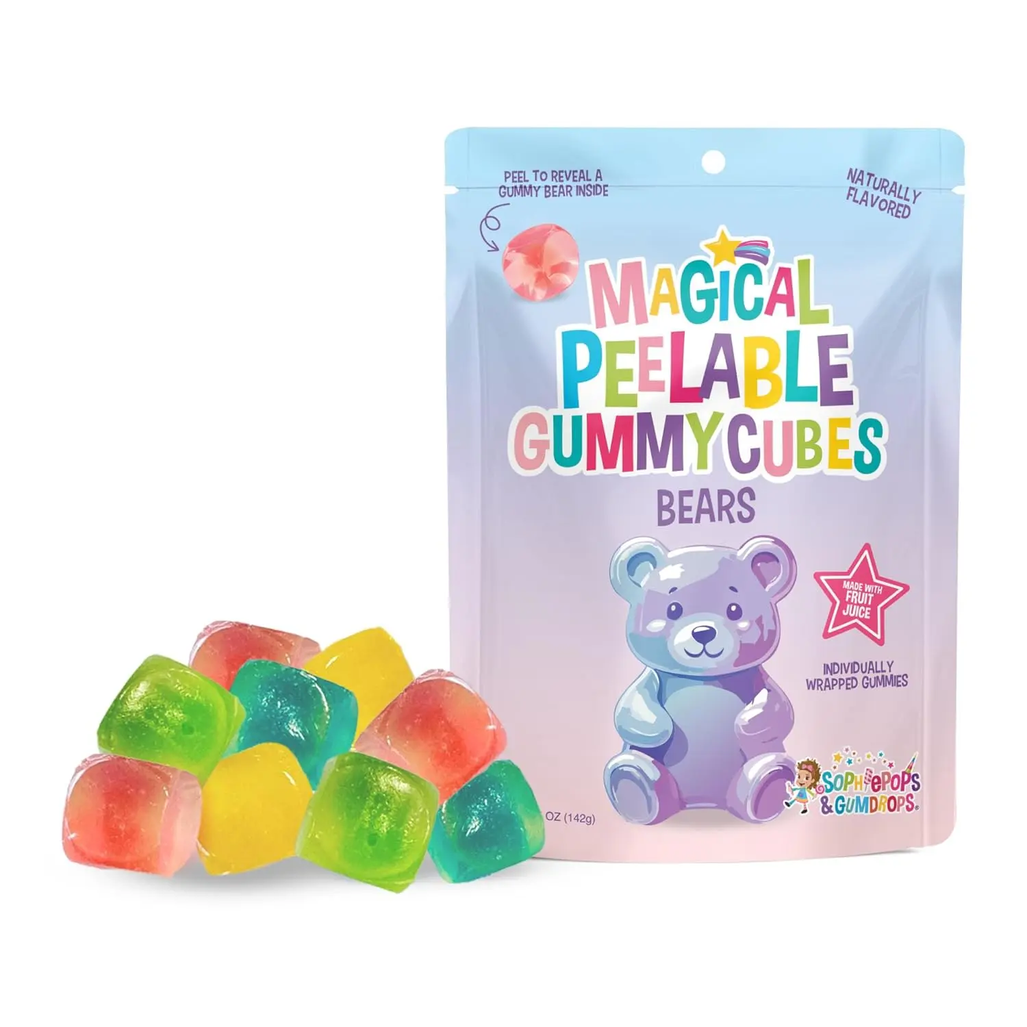 Monark Brands Sophiepops & Gumdrops Magical Peelable Gummy Bear Cubes 5 oz - Individually Wrapped Fruity Snacks, Fat Nut Gluten Free, Soft Chewy Texture, Assorted Natural Flavors, Perfect for Kids Adults - Bonbon, Candy