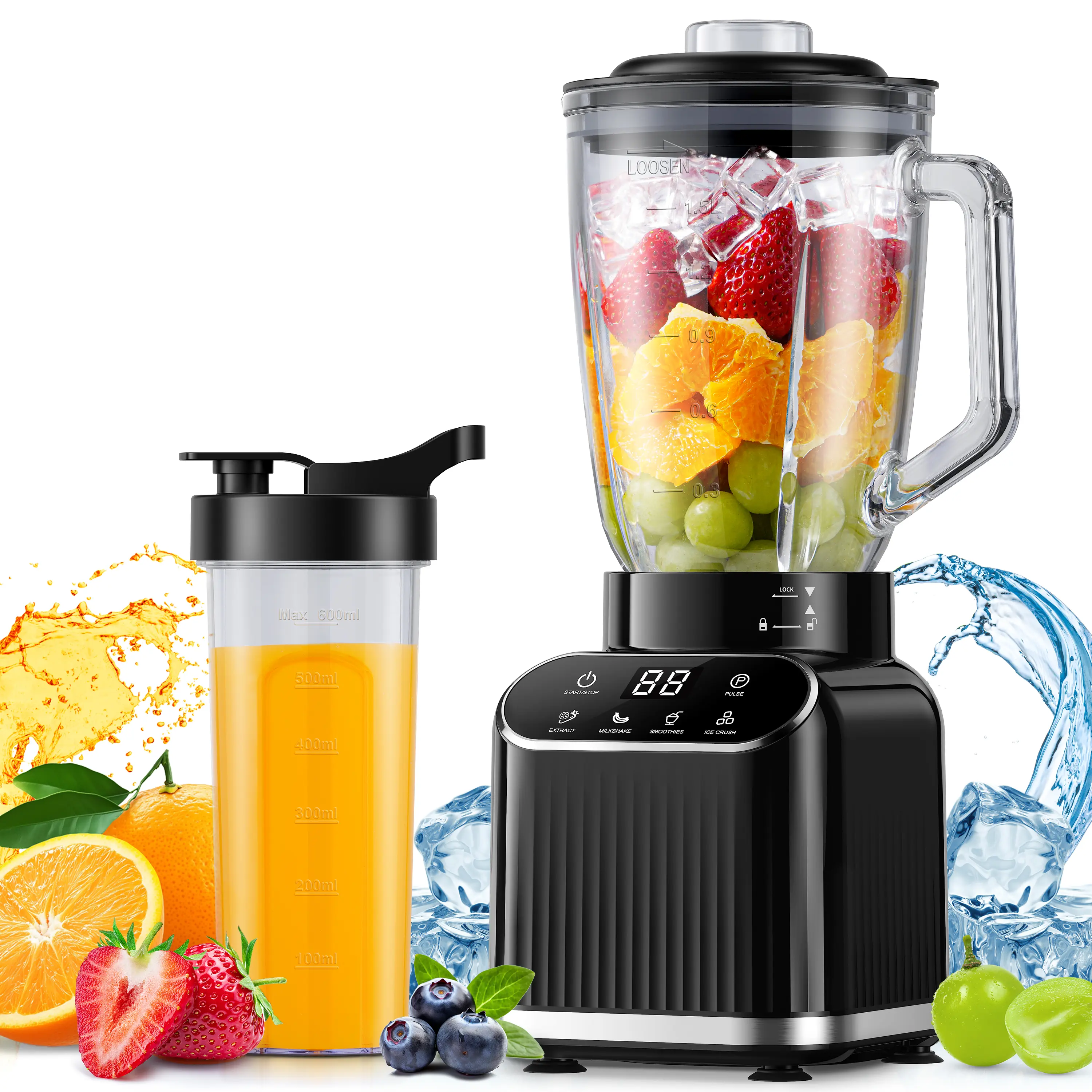 Professional Blender for Kitchen, 1200 Peak Watts Smoothie Blender, 5 Functions for Ice Crushing & Frozen Fruit, 52 Oz Glass Jar & 24 Oz To-Go Cup Combo, Self-Cleaning, Black summervibes Powerful Juicer Machine Home Multifunction Juicer