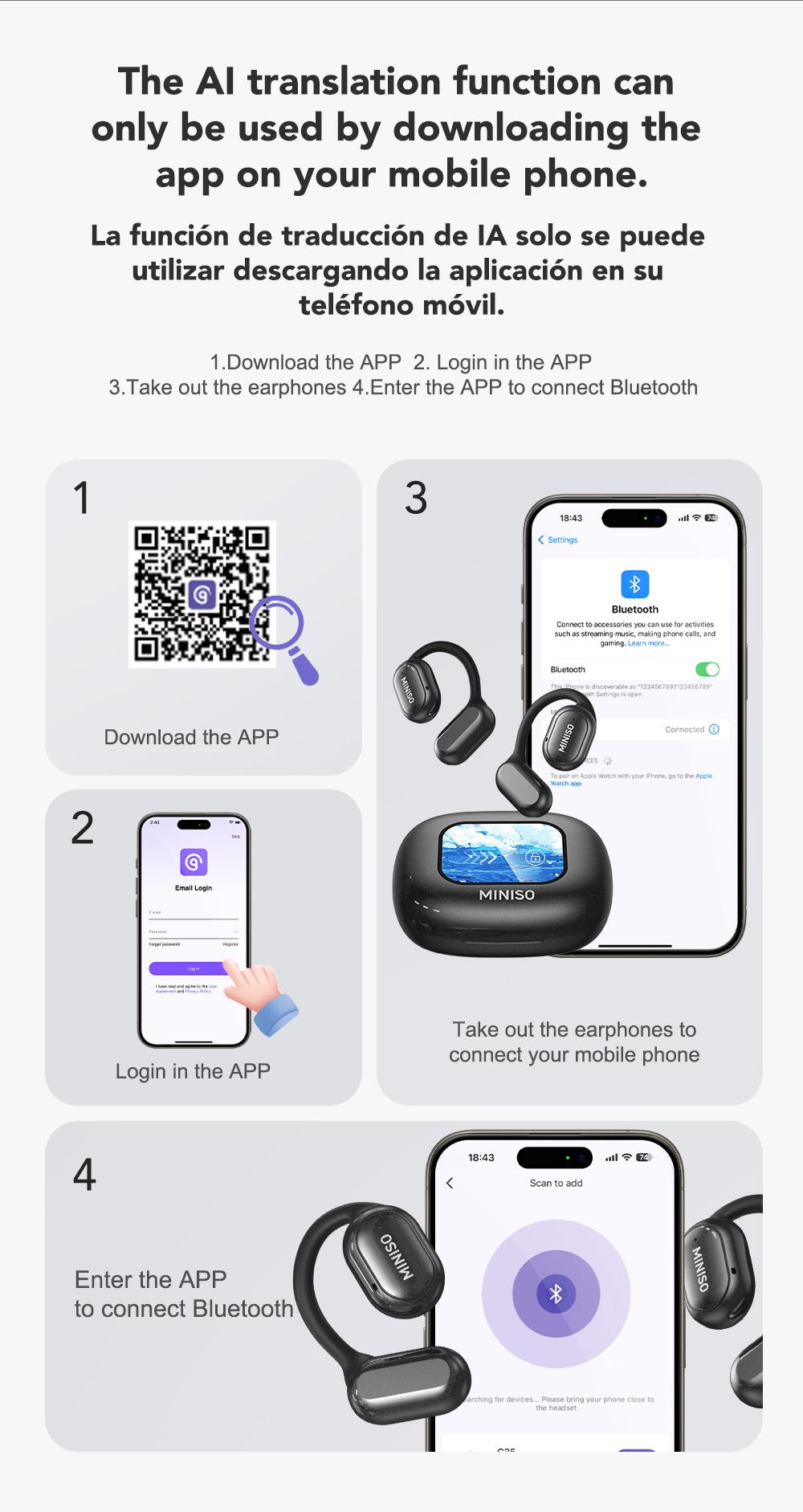 MINISO X30 OWS Translation Wireless Bluetooth Earphones Support 135 Languages Real Time Bluetooth Translation,35Hours Play time,OWS Headphones Long Distance Connection Headset with Charging Case,Light-Weight Headphones Built-in Microphone