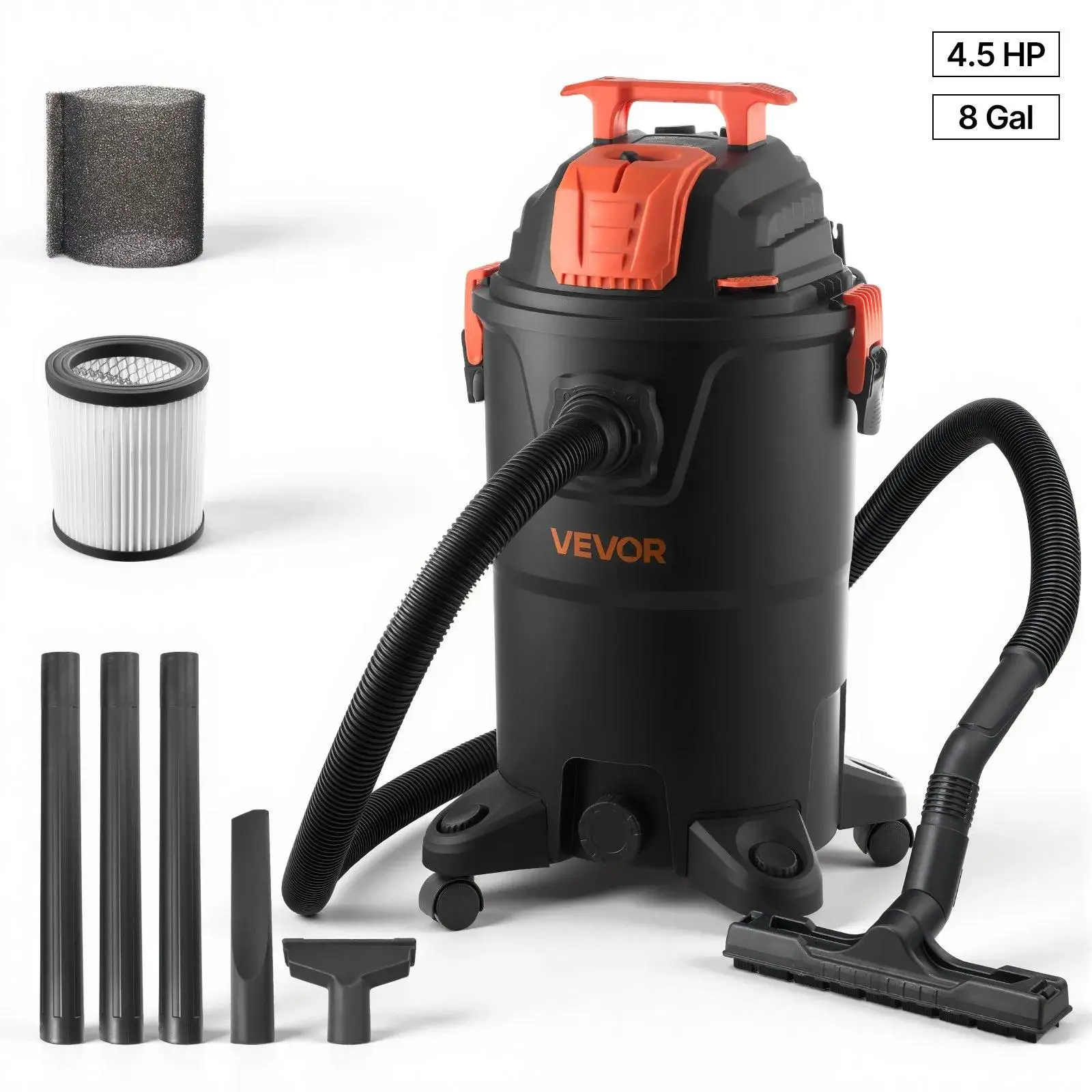 【summerfinds】VEVOR Shop Vac, 8 Gallon Wet Dry Shop Vacuum, 4.5 Peak HP Portable with One-Button Self-Cleaning, Dual-Filter, 900W Input Power, 1.25in x 7ft Hose, 9.8ft Cord for Jobsite, Workshop, Garage, Home,dorm essentials,home essentials