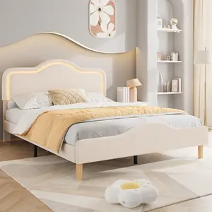 Garvee - Upholstered LED Bed Frame Full Size with Adjustable Headboard and Footboard, Velvet Platform Bed Frame for Boys and Girls, Wooden Slat Support, No Assembly Needed