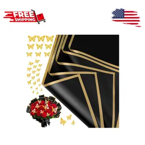20 Sheets Flower Bouquet Wrapping Paper with 12 Pieces Gold Butterfly Black