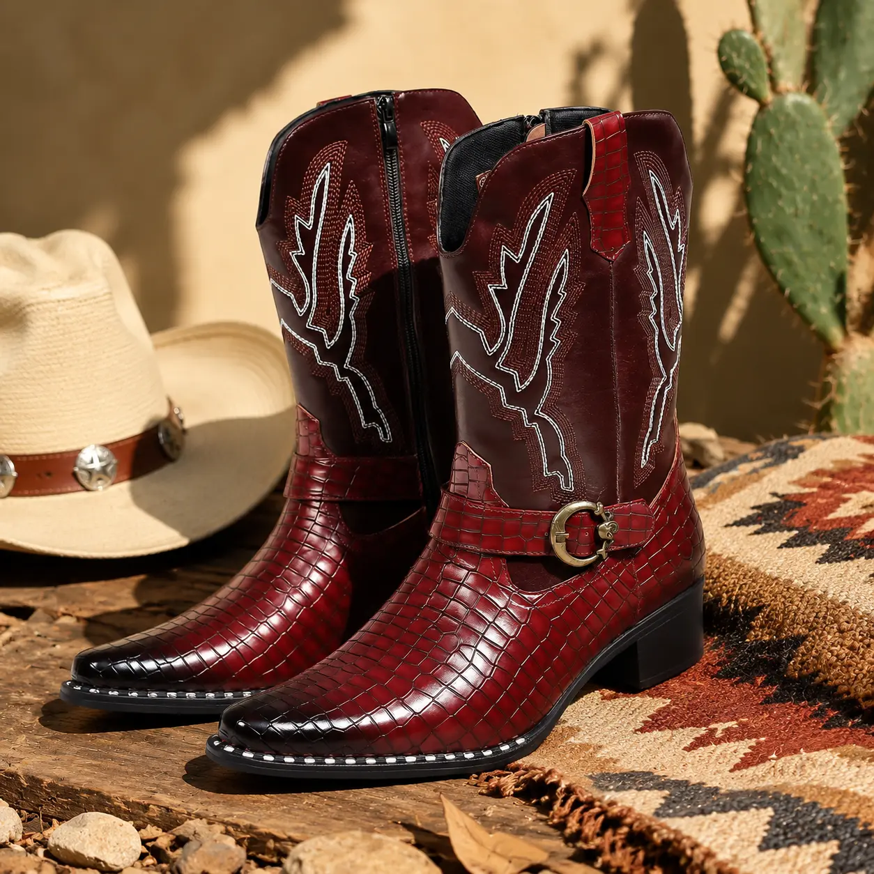 Men's Western Cowboy Ankle Boots - Stylish Plain Pointed Toe Leather Footwear with Crocodile Texture, Side Zipper, Men's Shoe, Walking Shoes, Design