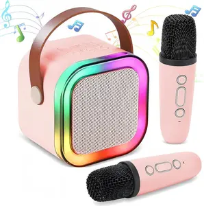 Mini Karaoke Machine with 2 Wireless Microphones, Portable Bluetooth Speaker with RGB LED Light, HiFi Stereo Sound System for Kids & Adults, Perfect Gift for Home Party Outdoor Travel