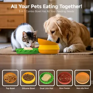 5-in-1 Burger Pet Bowls Set Tilted Elevated Slow Feeder Lick Mat Non-slip for Dog Cat Tableware
