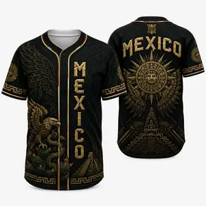 Male 2026 Mexico-Inspired Black Short-Sleeve Button-Down Sports Apparel, Stylish Jersey with Golden Eagle Graphic, Mexico Aztec Shirt Accents, Aztec Calendar Temple Print, Flag Sleeve Details, Sporty Chic Casual Game Day Tee