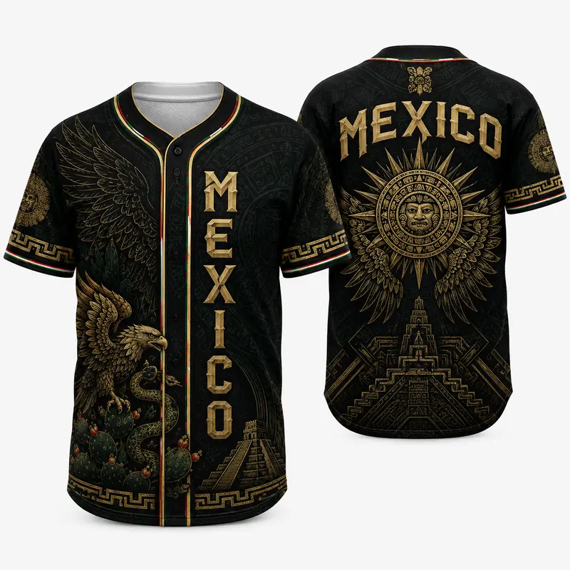 Men's 2026 Mexico-Inspired Stylish Jersey - Polycotton Button-Down Short-Sleeve Baseball Top with Golden Eagle, Aztec Prints/Calendar, Temple Print, Flag, Mexico Lettering - Multi-Size Sports Apparel for Game Days, Festivals (Check Size Chart)