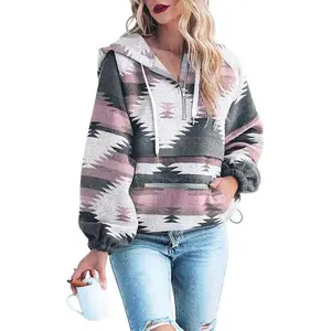 Women's Tribal Aztec Print Hooded Half Zip Fuzzy Fleece Hoodie Sweatshirt Tops