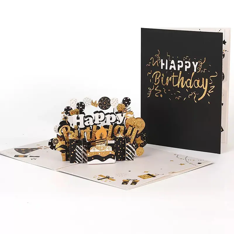 Luxury Black & Gold 3D Pop-Up Happy Birthday Greeting Card with Envelope - Laser-Cut, Foil-Accented Premium Cardstock Office Stationery Gift for Adults regalo