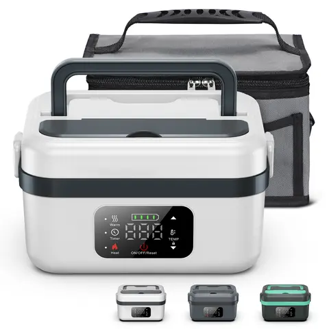 Rectangular Cordless Portable Heat Up Lunch Box for Blue Collar Workers - Stainless Steel Insulated Self Heating Lunchbox, Single Unit, Digital Display, On-the-Go Warming, Included Tableware Accessories