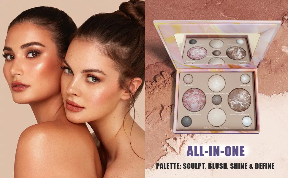 BOTAGUS 9-in-1 Baked Face Palette - Baked Blush Bronzer 2 Highlighters 5 Eyeshadows No Caking Creasing Long Lasting Blendable Beginner Friendly Travel Makeup Palette for Full Face Glow