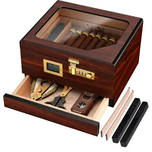 Humidor Box for Cigar, Desktop Travel Case with Cedar Wood Lining, Lock, Humidifier, Hygrometer, Accessories Storage Drawer, Divider, Gifts for Men