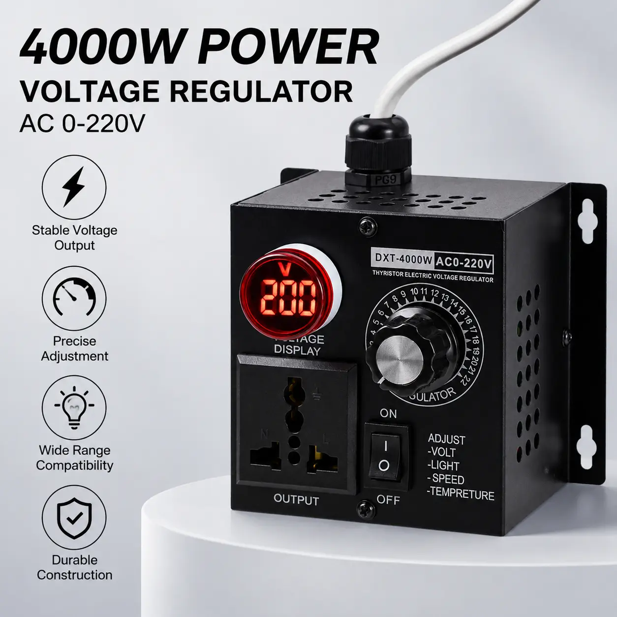 All-Metal Compact Square Digital Display Voltage Regulator - 220V, 4000W Max, Adjustable, Stepless Motor Speed Controller, Portable Fan Speed Adjuster for Workshop Ventilation Equipment