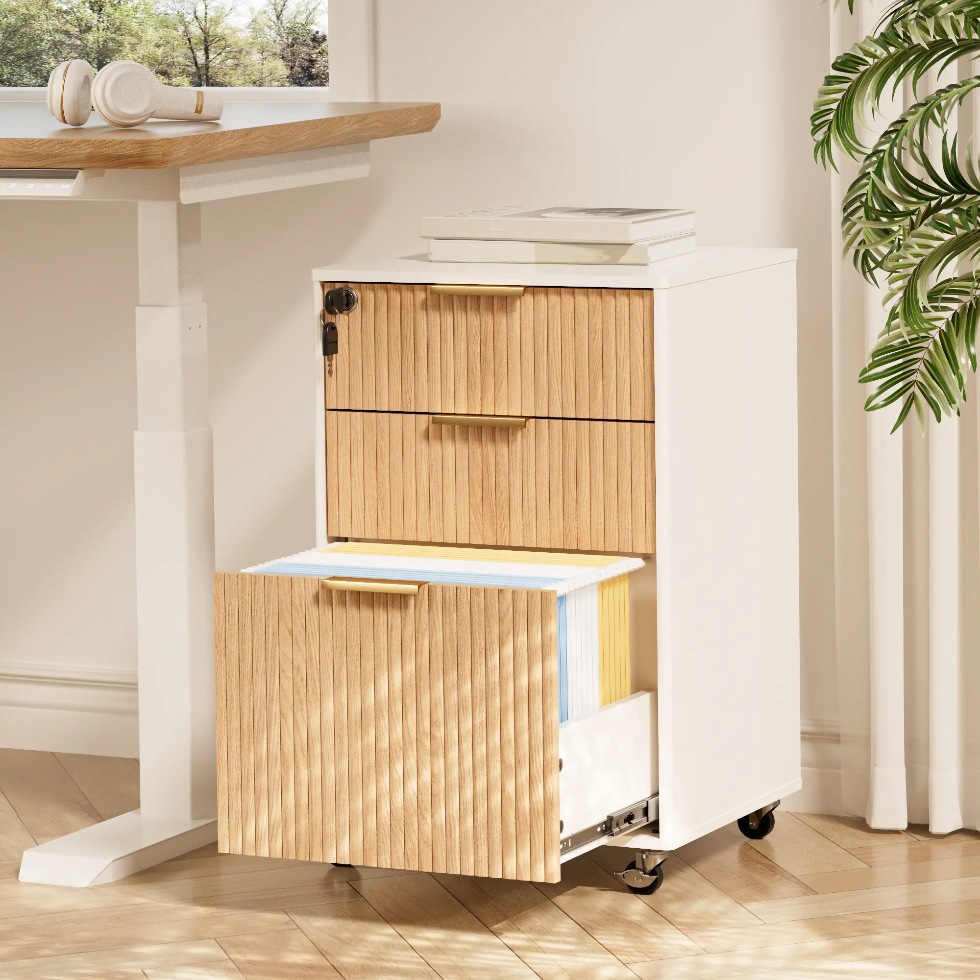 Fluted 3-Drawer Mobile Filing Cabinet For Home Office Under Desk Oak