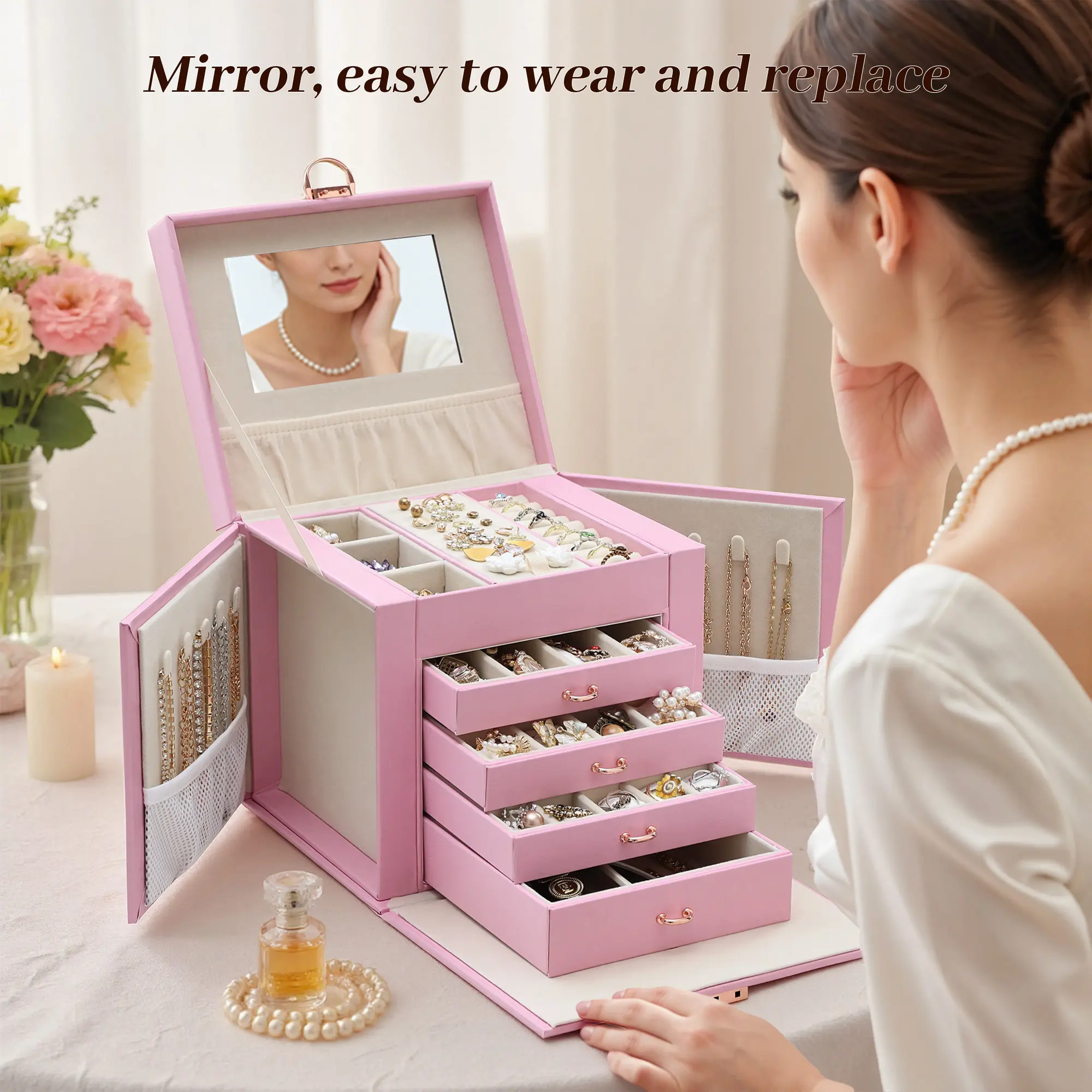 5-Layer Jewelry Organizer Box with 4 Drawers, Huge Portable Jewelry Storage Cabinet with Lock and Mirror for Women, for Necklace Ring Earring Bracelet Storage, Lockable Jewelry Case, Pink