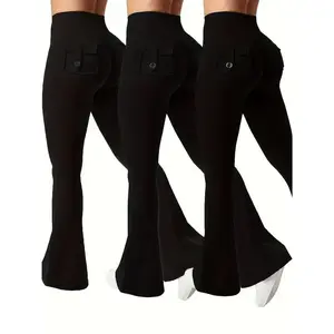 3 pieces of black, gray, and green fashionable work pants, women's casual bell bottom pants, high waisted pocket sportswear, work style peach hip pants, sports fast drying anti roll lifting pants