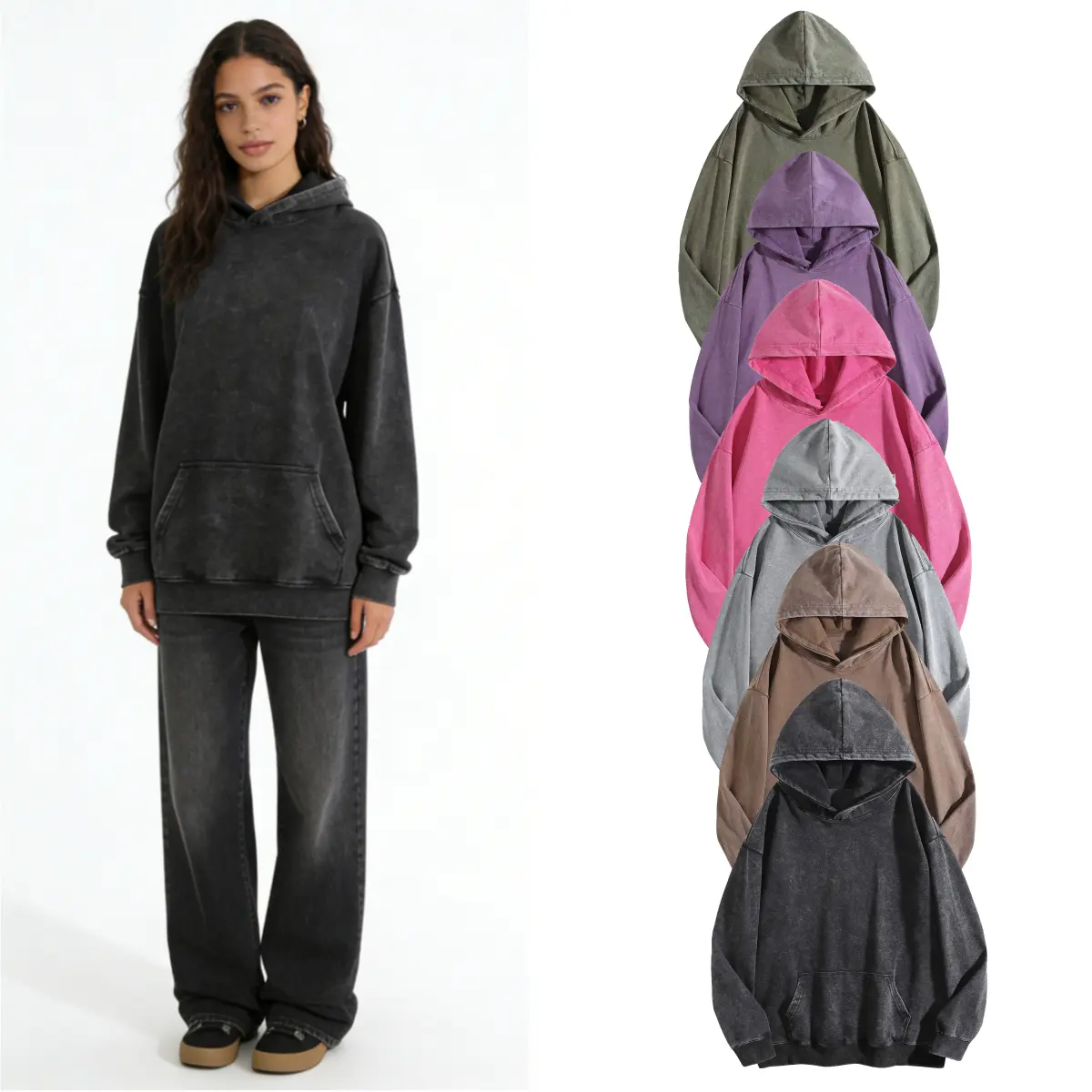 2-pack Two-pack women's washed distressed hoodies, made of pure cotton, with kangaroo pockets and loose cuffs, suitable for autumn and winter, fashionable and casual men's tops.