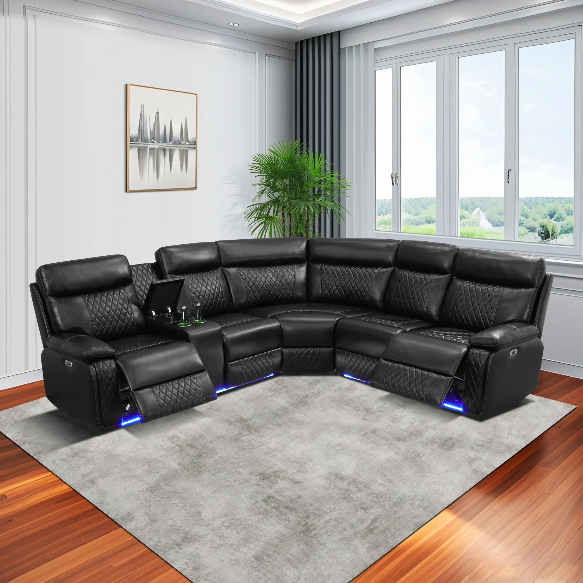 Black Breathable Leather 3-Piece Power Reclining Sectional Sofa Set with LED Lights, Cup Holders & Storage Console