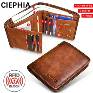 CIEPHIA Genuine Leather Rfid Wallets for Men Vintage Short Multi Function ID Credit Card Holder Money Bag Ideal Gift