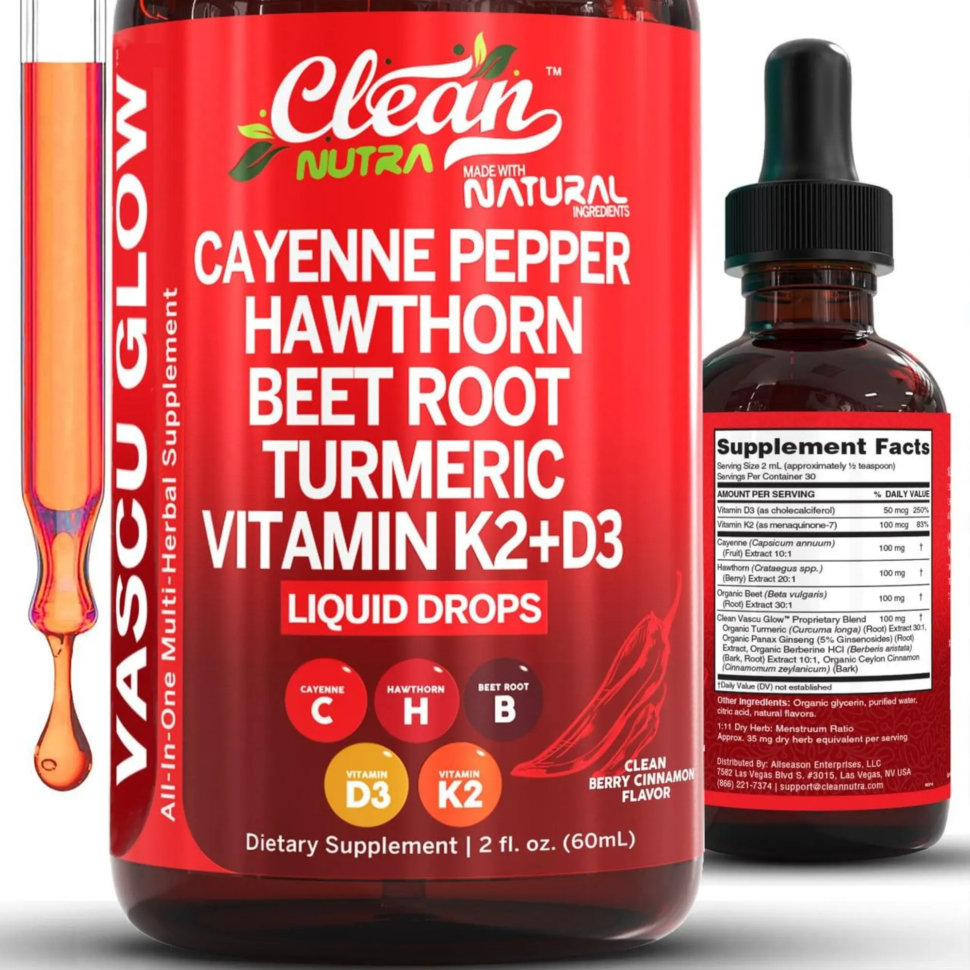 Clean Nutra Cayenne Pepper Supplement Drops + Hawthorn, Beet Root,Turmeric, Vitamin D3 K2 & More for Wellness Liquid Drop – Vascu Glow
