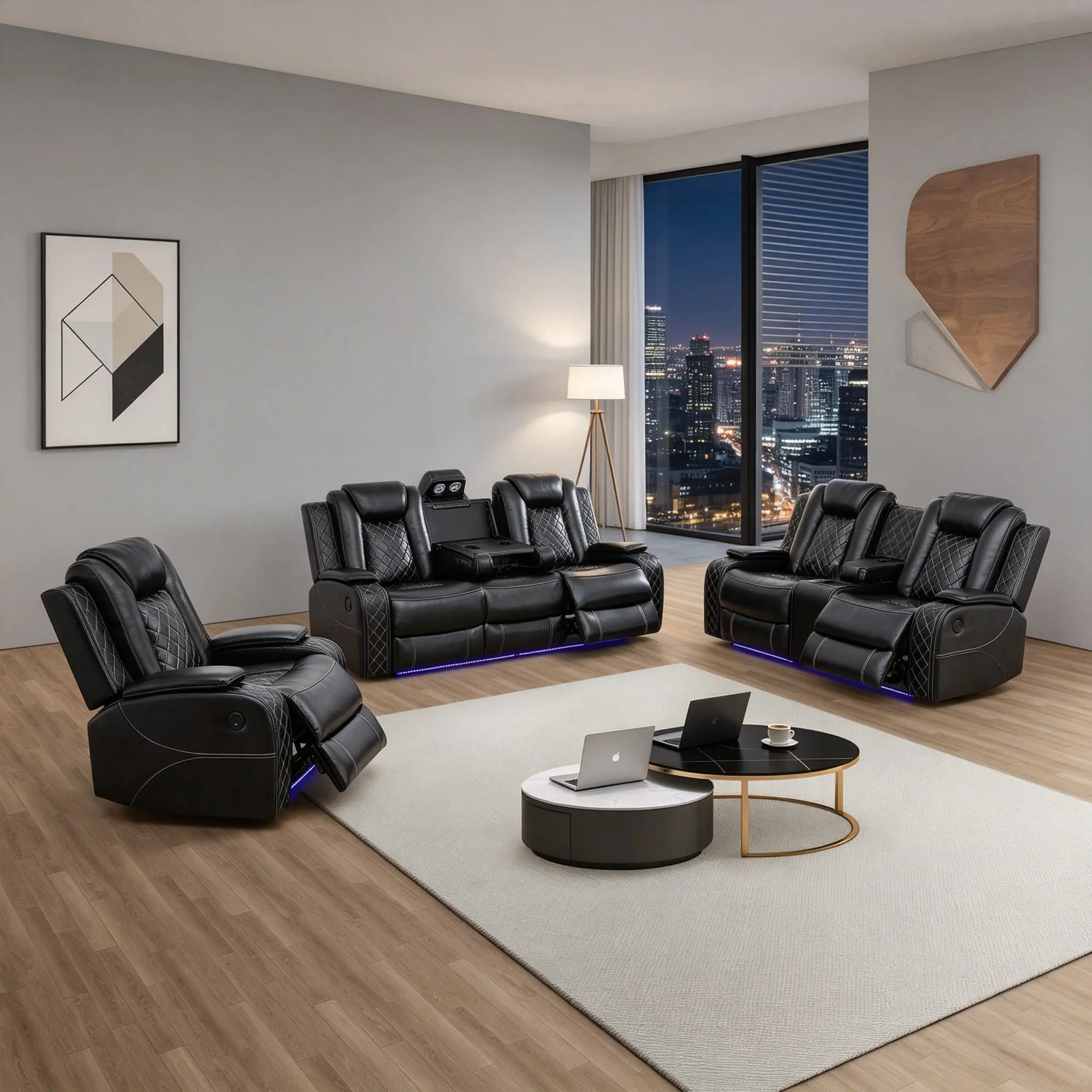 Black Breathable Leather Living Room Sectional Recliner Sofa Set, Indoor Furniture for Home Living Spaces