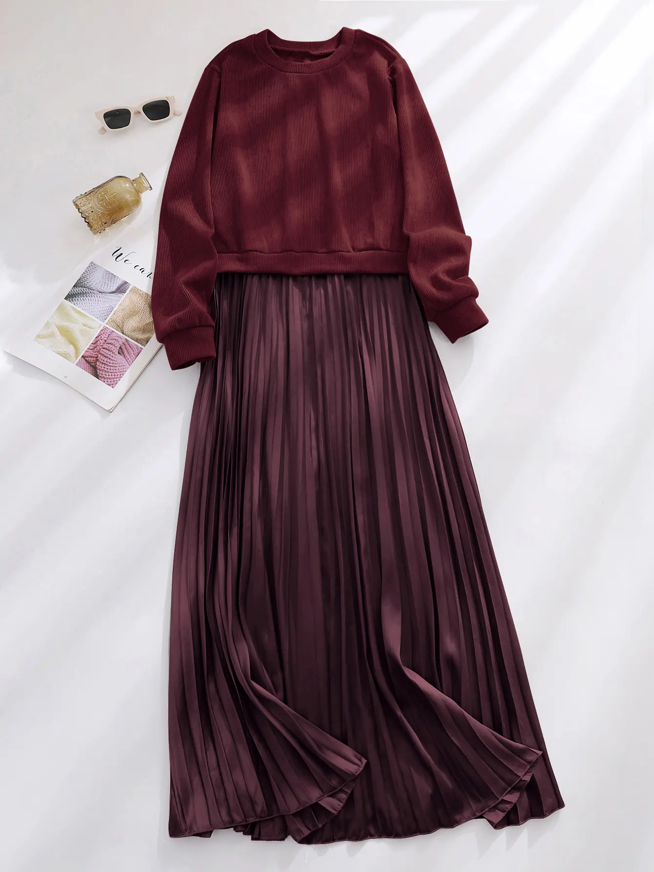 2026 Plus Size Women's 2-Piece Outfit | Burgundy & Grey-Brown Ribbed Sweater + Pleated Maxi Skirt | Curvy-Friendly Loose Fit Office Casual Fall Winter Set