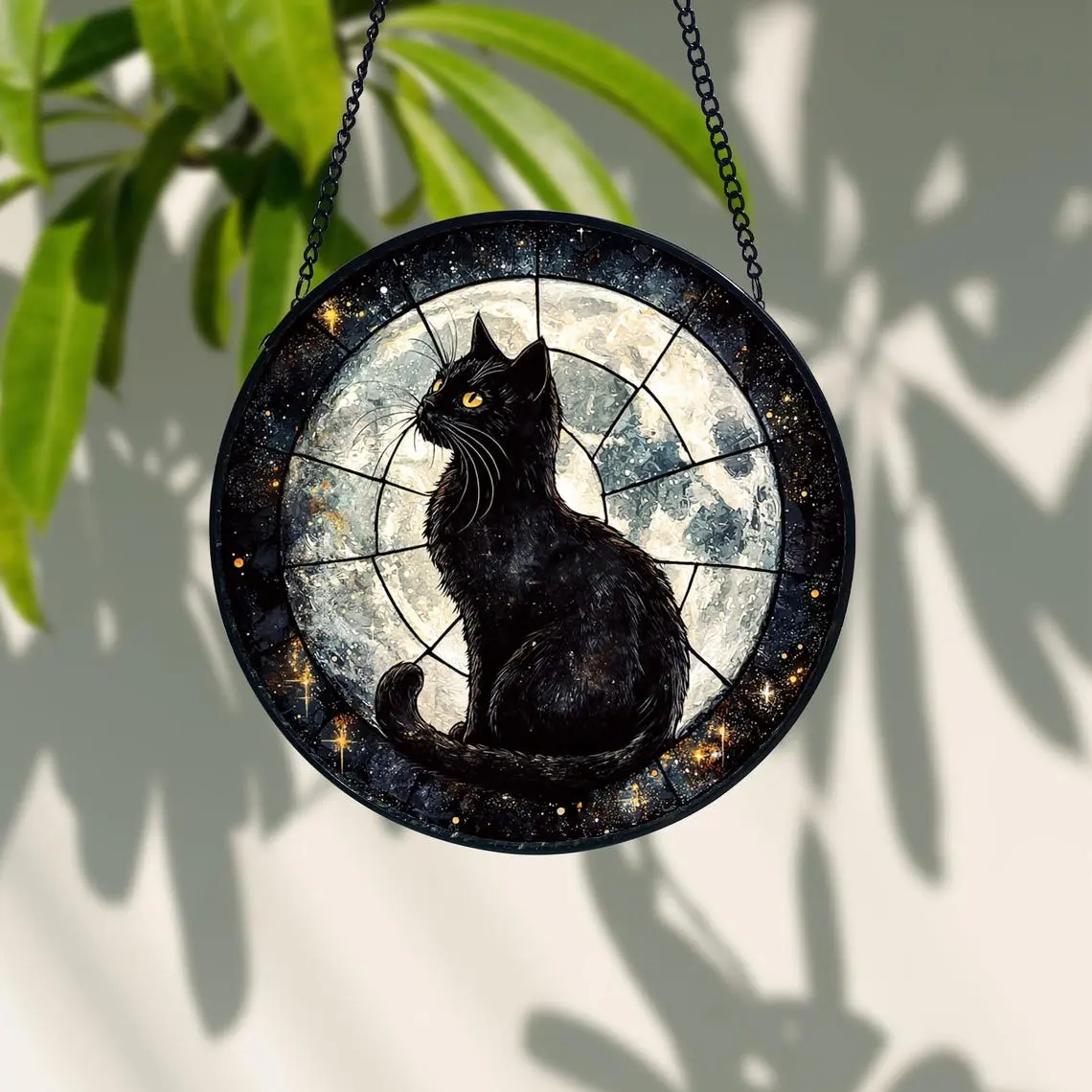 Black Cat Stained Glass Suncatcher - Colorful Light-Emitting Moon Window Hanging, Christmas Decoration, Ideal Gift for Home & Garden Decor