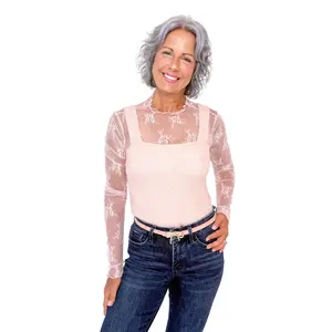 Women's Scalloped Sheer Lace Long Sleeve Top