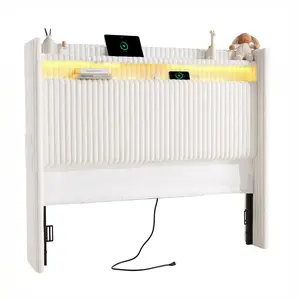 ONBRILL 54" Tall Headboard Queen Size with Storage, LED Light, Corduroy Wingback Headboard with Charging Station, Upholstered Head Board Queen w/High-Density Sponge Padding, Storage Pockets