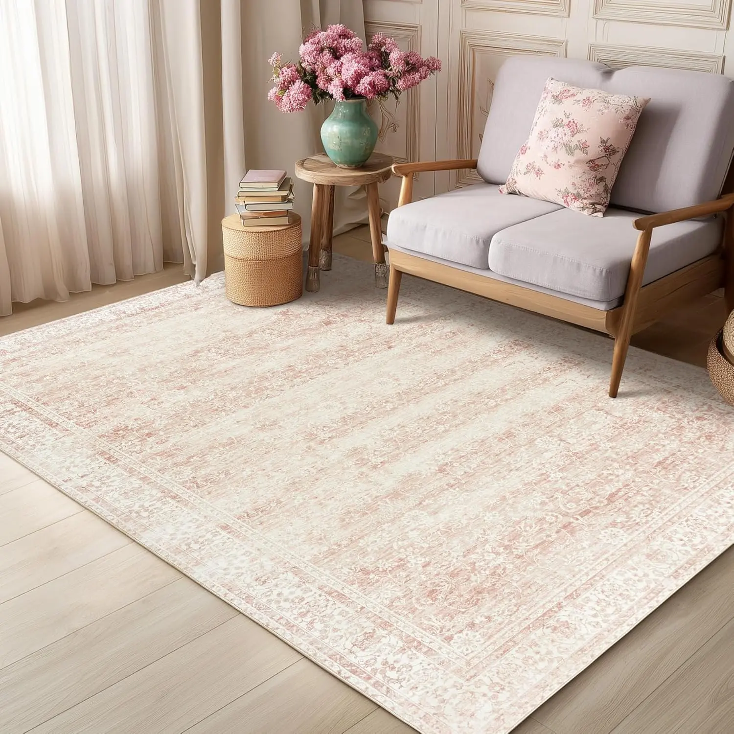 Boho Blush Pink Floral Print Nursery Area Rug for Baby Girl - Stain Resistant, Wrinkle Resistant, Foldable, Machine Washable, Low Pile Soft Indoor Rug for Bedroom, Living Room, Kids Playroom, Stain Resistant Rug, Room Decor