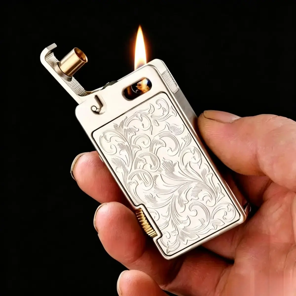Vintage Fluid Catapult Lighter - Cool, Lightweight, Rugged Metal Black Arabesque Engraved ASMR Flip Novelty Fire Starter, Men's EDC Pocket Accessory, Unique Gift Pick Fuel-Free Home Accessory (Lighter Fluid Not Included)
