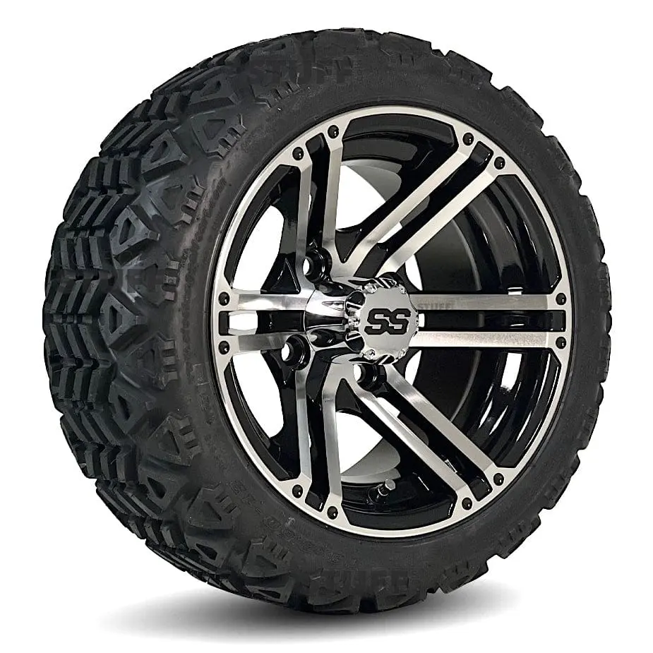 12" Terminator Black-Machined Alloy Golf Cart Wheels & All-Terrain Off-Road Tires Combo - Set of 4 (18" to 25" Tall)