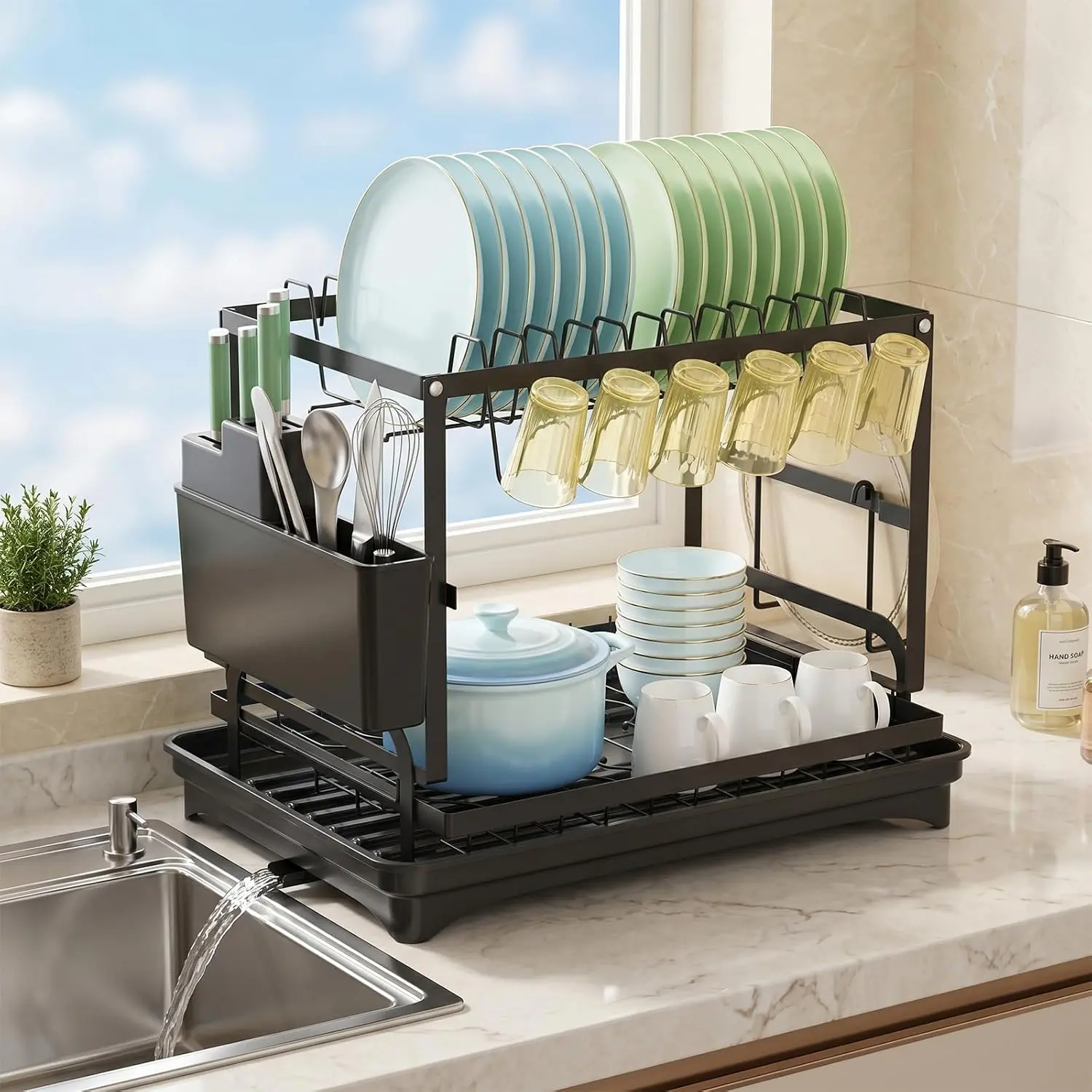2 Tier Dish Drying Rack, Durable Rust-Proof Large Dishrack for Kitchen Counter, Premium Carbon Steel Dish Drainer with Automatic Drain Tray, Utensil Holder Cup Rack Knife Block