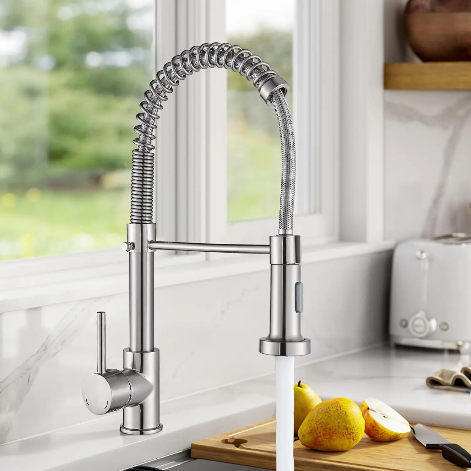 Modern Kitchen Faucet - Stainless Steel Brushed Nickel Industrial 1-Handle 1-Hole Faucet with Pull-Down Sprayer for Farmhouse, Camper, Utility Sinks