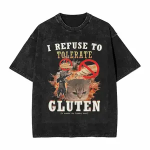 Women's Oversized Short-Sleeve Cotton T-Shirt, Vintage Washed Black, Sassy Cat Meme Graphic Top, Gluten-Free Celiac-Friendly